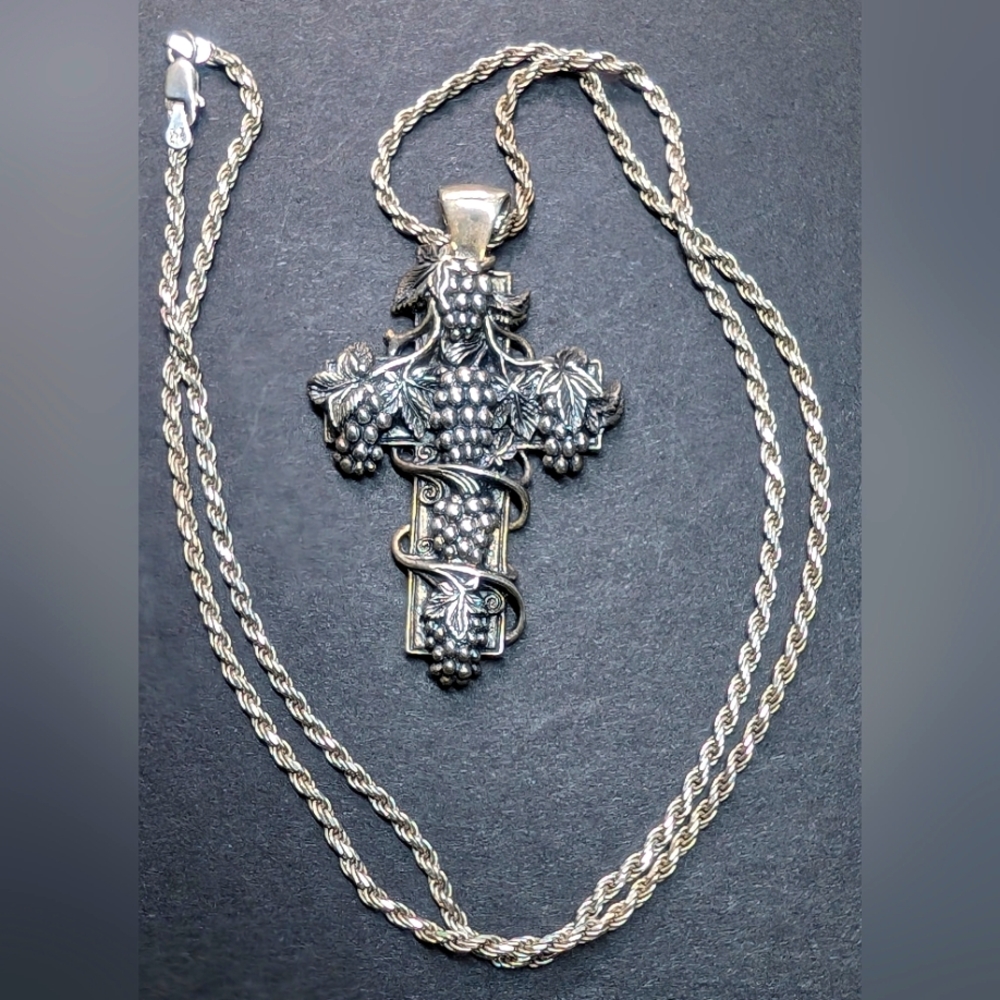 Vintage MFA Museum Of Fine Arts Sterling Silver Grapes & Vines Cross Pendant